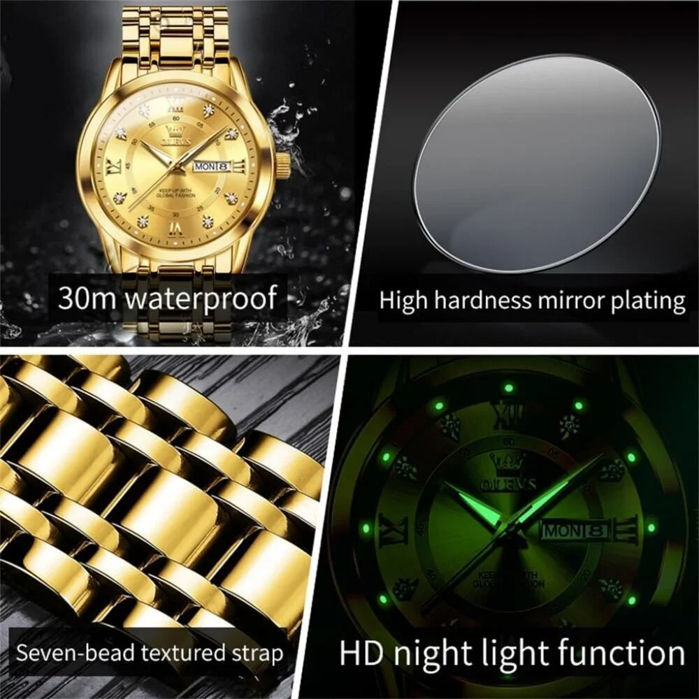 Olevs Men's Gold-Men Stainless Steel Man Watch with Date Luminous Stylish Watch